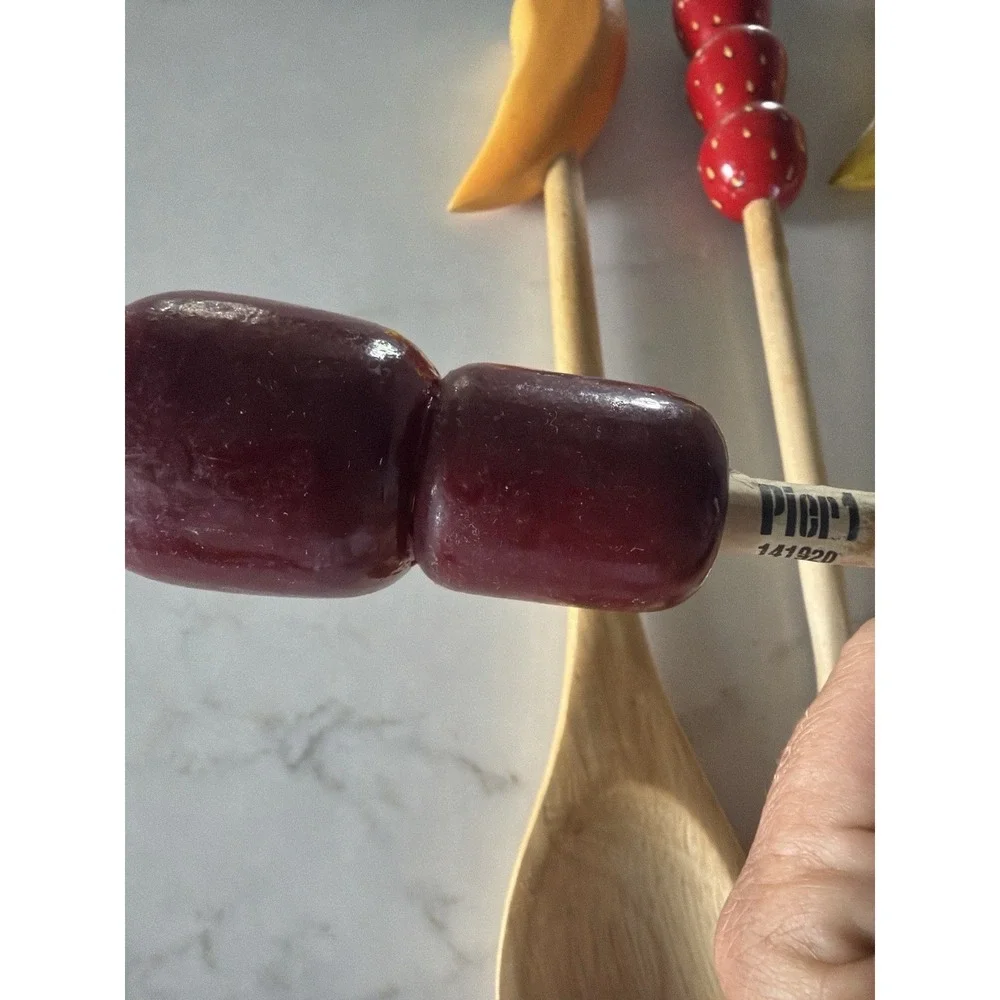Pier 1 Wooden Kitchen Utensils Fruit Veg Handles Set 4 Apple Banana Strawberry